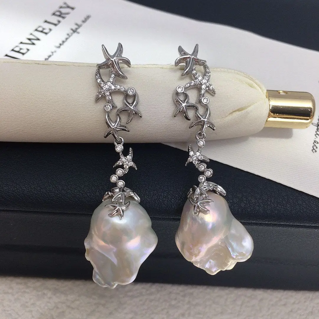 Personalized and atmospheric pearl AAA13-18mm natural fish tail Baroque pearl earrings 925s