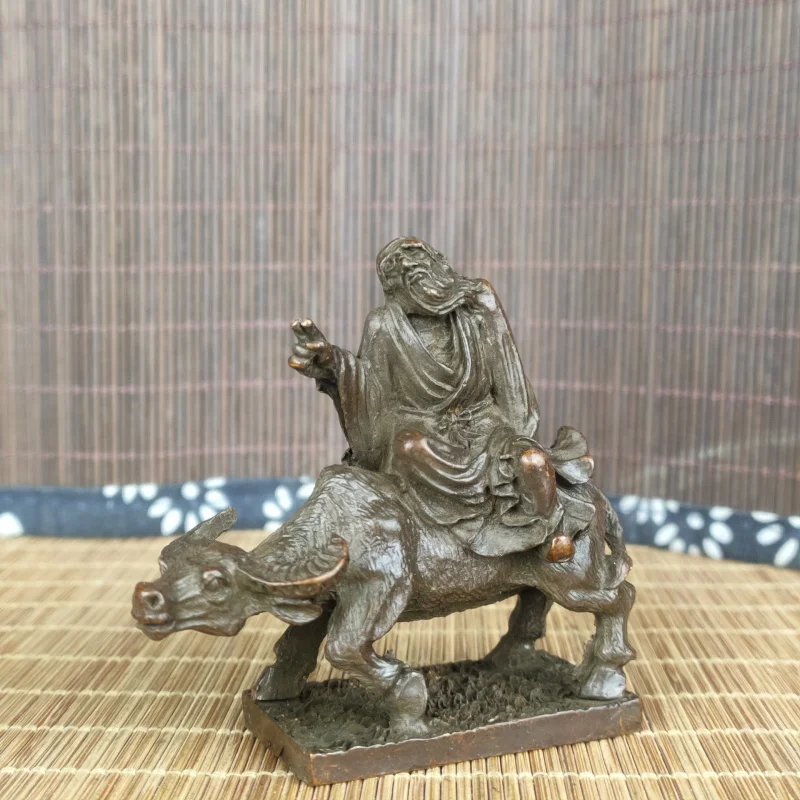 Bronze Statue of Lao Tzu Riding a Cow, Vintage Collectible Antique Ornament for Coffee Table