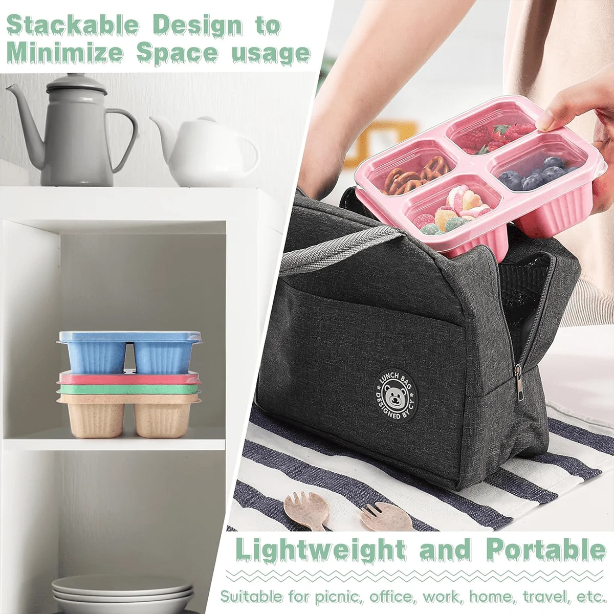 4PCS Food Crisper With Cutlery, Material, Snack Box, Fruit, Lye Bread, Travel Lunch Box, Reusable, Christmas, Halloween Gifts