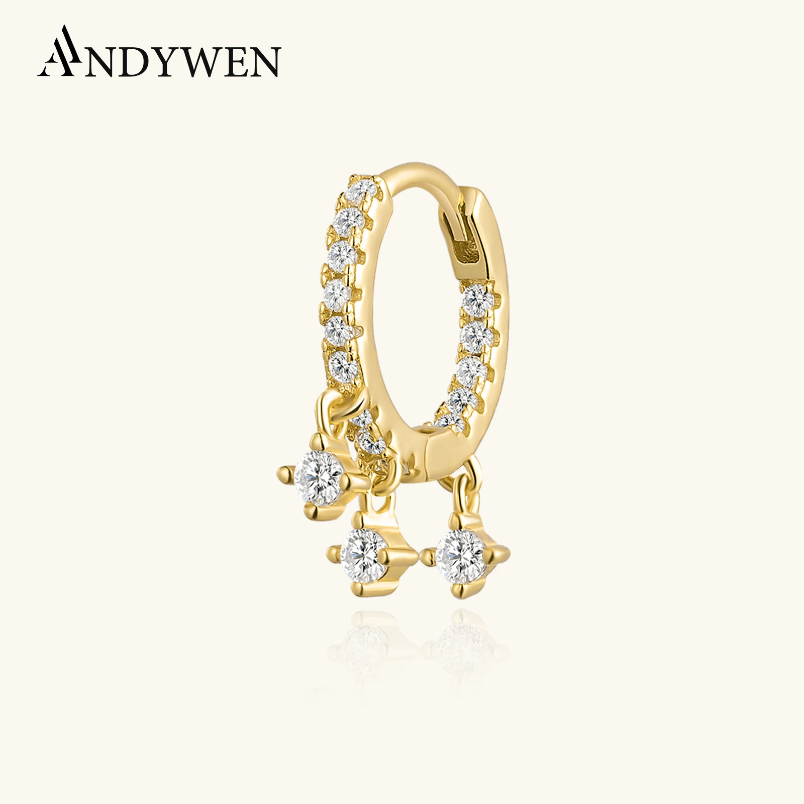 

ANDYWEN 100% 925 Sterling Silver Gold Zircon CZ Charm PETITE Piercing Clips Round Drop Earring Pendientes Wedding Jewelry