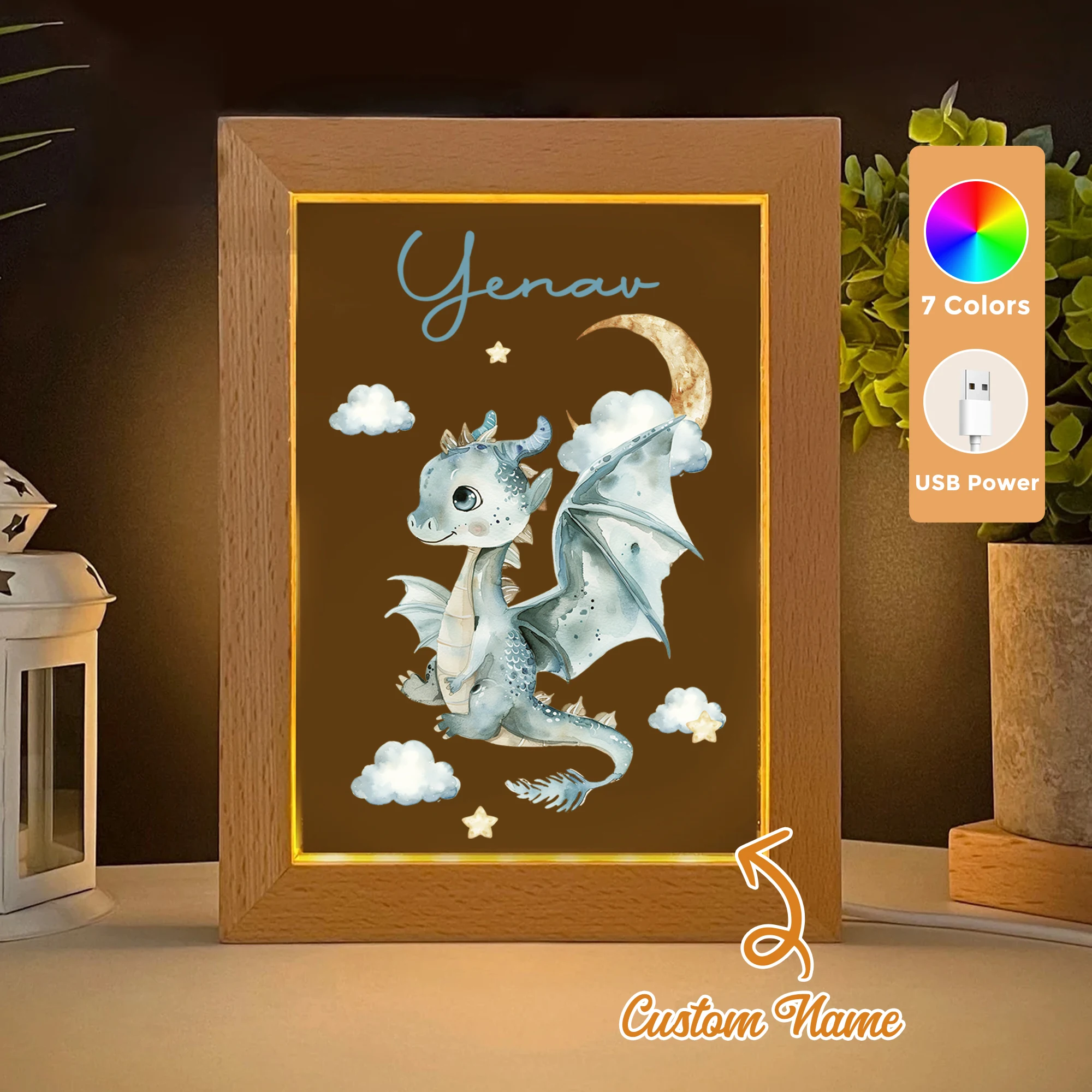 

2D Flat Custom Name Cartoon Blue Dinosaur LED Acrylic Night Light Wood Photo Frame 21x17cm Children Bedroom Gifts Home Decor