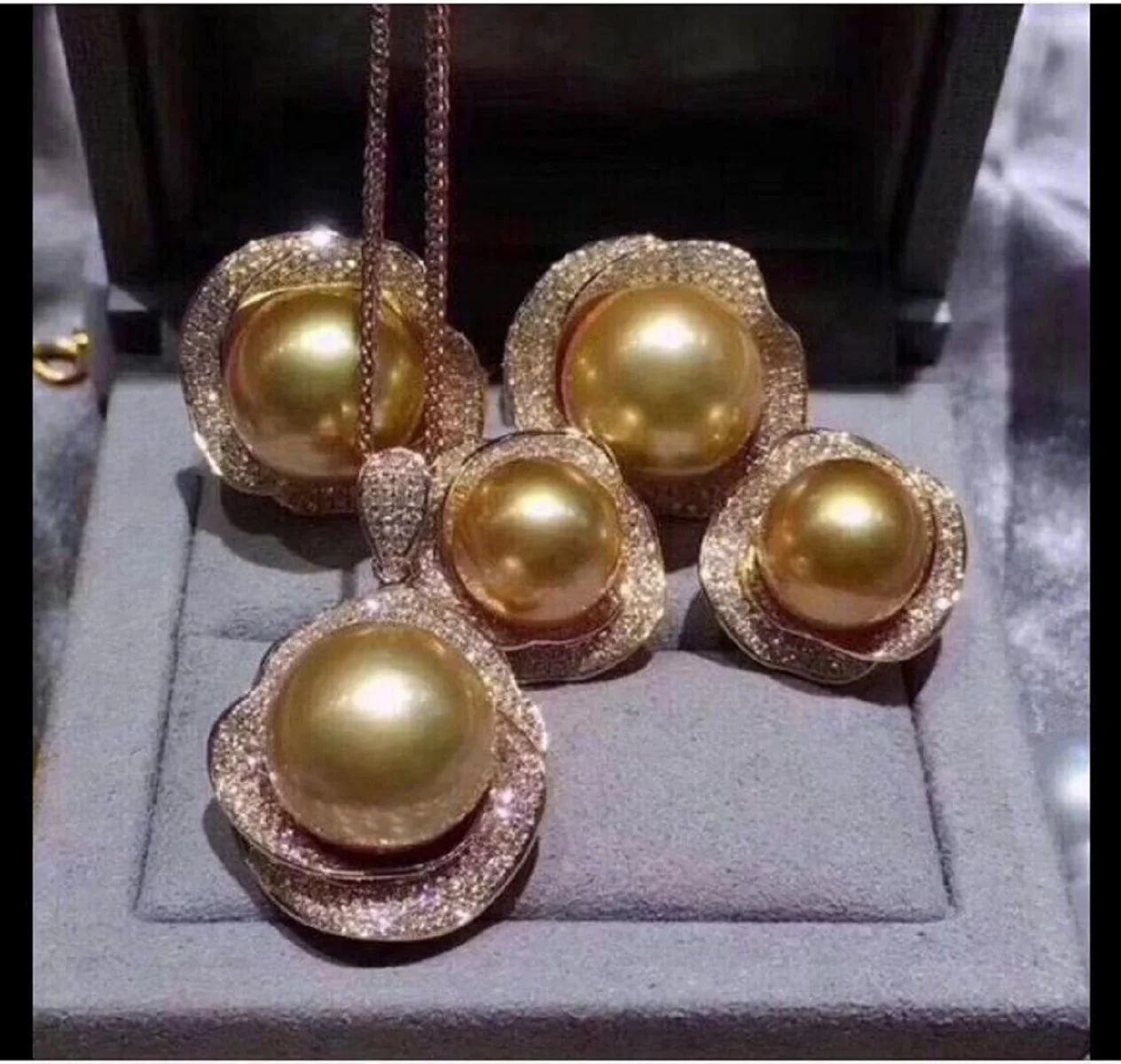 

Gorgeous AAAA 12-13mm south sea Golden stud pearl pendant earring ring set 925s