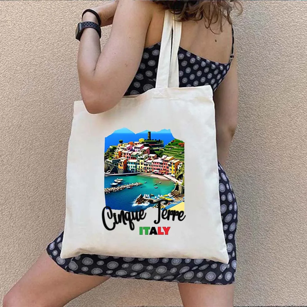 Sac fourre-tout en toile de Cinque Terre Italia, sacs à main de plage décontractés, peinture italienne, interconnexion de paysage, initié au shopping, Harajuku