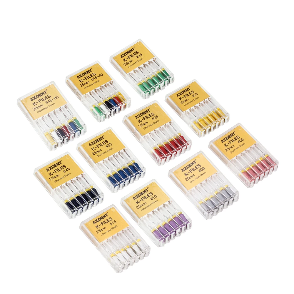 AZDENT-limas K de acero inoxidable para uso manual, herramientas dentales de laboratorio, Canal de raíz endodóntica, 21mm, 25mm, 31mm, 6 unids/lote por paquete