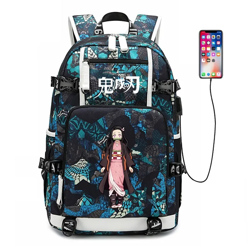 데몬 슬레이어 애니메이션 캐릭터 주변기기 새로운 2025 학생 학교 가방 Nezuko Kamado 배낭 USB 중학교 배낭 선물