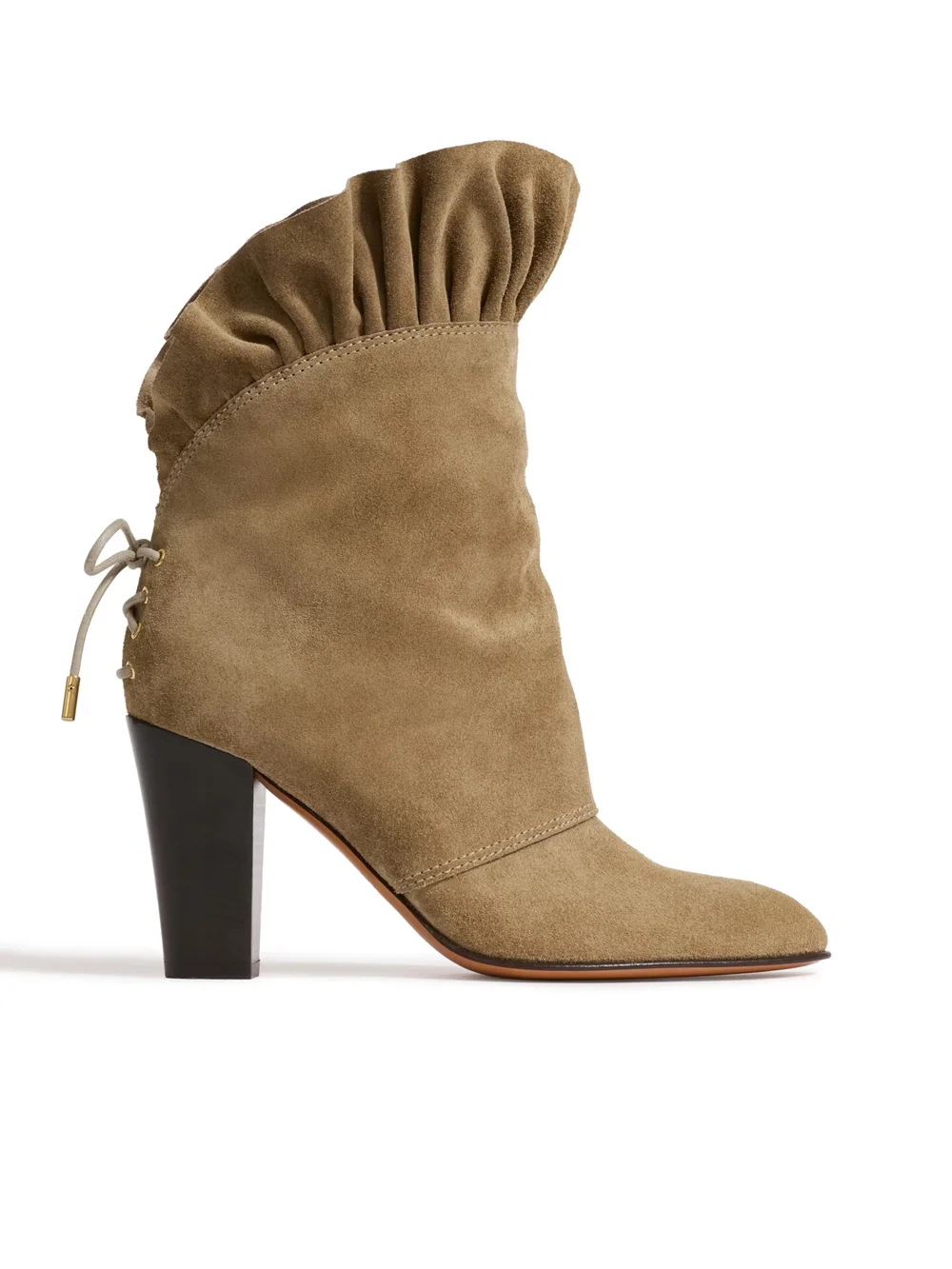 Retro Khaki Suede Ruffle Top Ankle Boots Ruched Shaft Design Pointed Toe Chunky Block High Heel Western Style Boots
