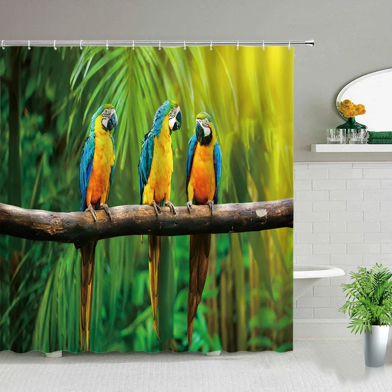 Tropical Jungle Parrot Waterfall Scenery Shower Curtains Palm Tree Ocean Sandy Beach Bird Landscape Bathroom Decor Cloth Curtain