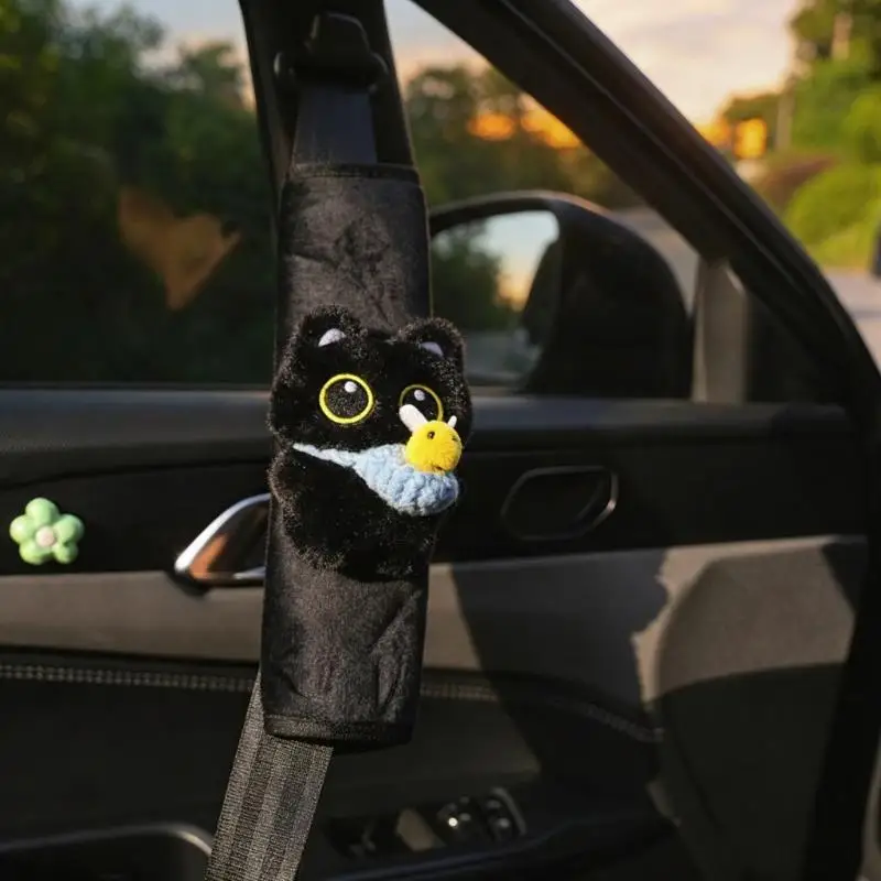Cute Black Cat Plush Car Seat Belt Cover Anti-Slip Soft Comfort Fabric Suitable for All Car Models Daily Driving Decor