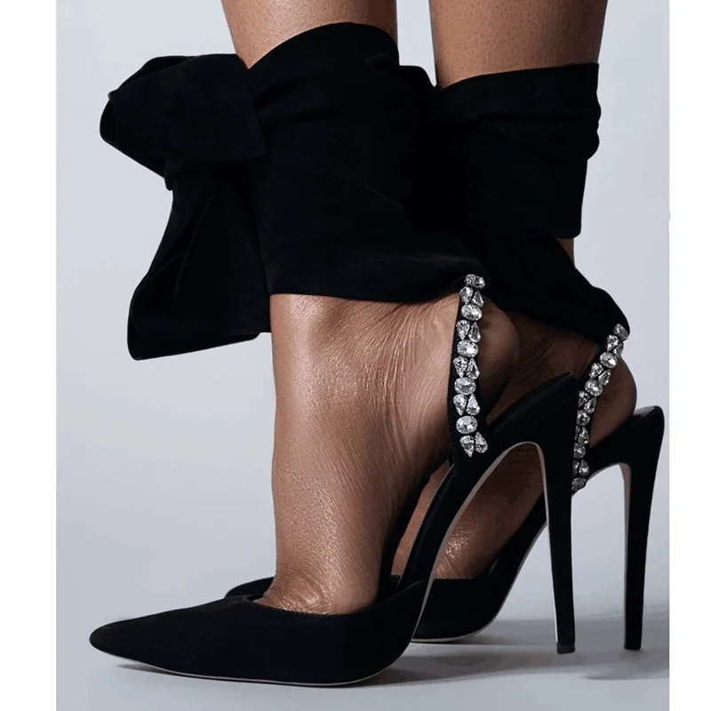 

Black Suede Crystal Strap High Heel Pumps For Women Pointed Toe Ankle Wrap Lace-up Party Dress Shoes Customized