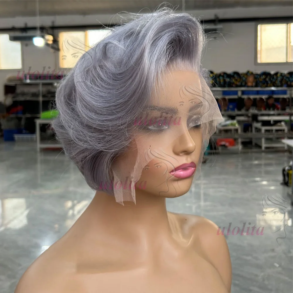 Pixie Cut Echthaarperücken, Salz-und-Pfeffer-Perücken, kurze Bob-Echthaarperücken, sofort tragbar, ohne Klebstoff, 13x4 Lace Frontal Perücken, brasilianisch gewellt – Detail 1