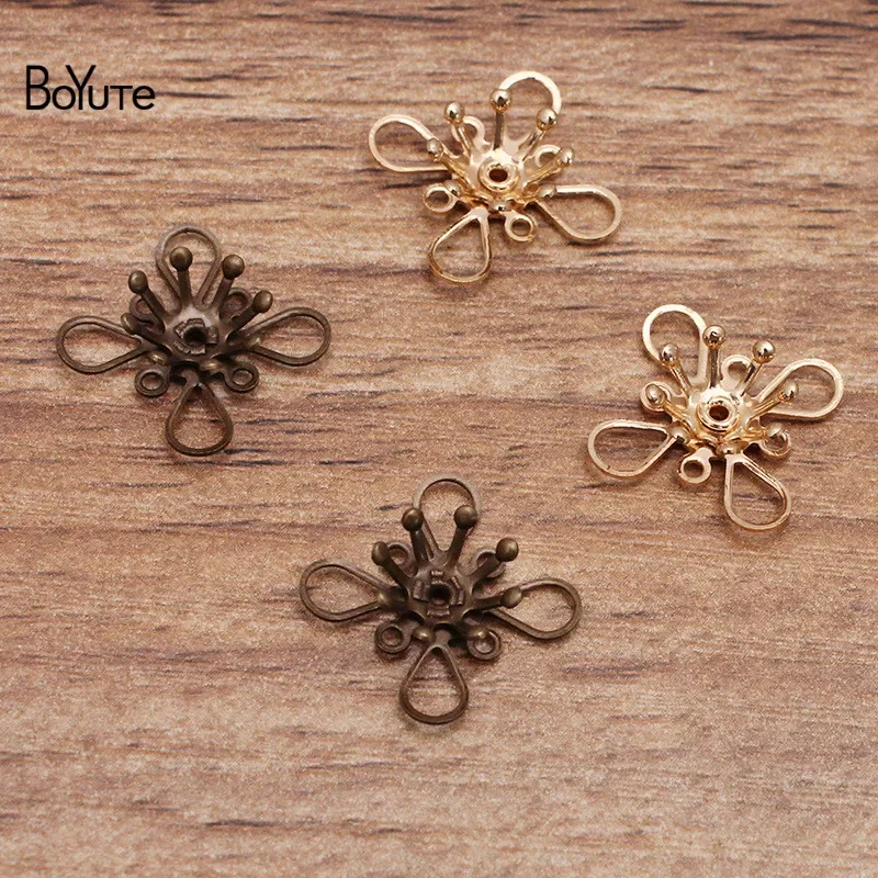 BoYuTe-Duas Camadas de Bronze Flower Bead Caps, Acessórios de Jóias DIY, materiais artesanais, 14mm, 100 Pcs por lote