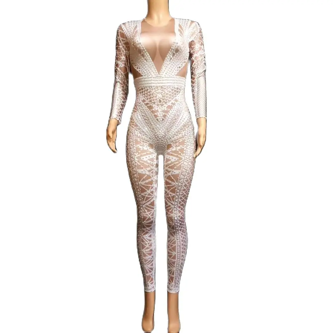 

Fashion Print Rhinestone Party Jumpsuit Women Long Sleeve Skin Color Stretch Spandex Crystal Bodysuit Club Prom Stage Rompers