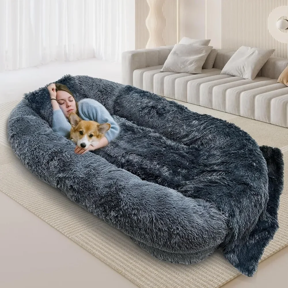 

74.8"x47.3"x13.8" Dog Bed with Blanket & Pillow, Removable and Washable Faux Fur Giant Dogs Beds, Large Human Dog Bed