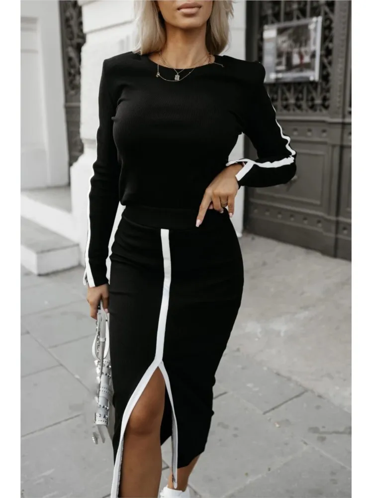 2025 Spring Autumn Elegant Sexy High Slit Skirts Outfit Women Long Sleeve Matching Sets Casual Solid Patchwork Ladies Suits New image 6