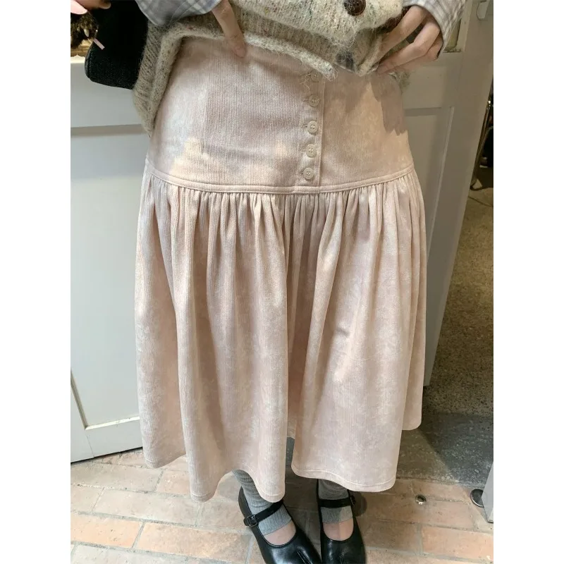 High Waist Buttons Loose Thread Knee Length Skirt Women 2026 Spring New Korean Style Pleated Elegant Pink A-line Skirt