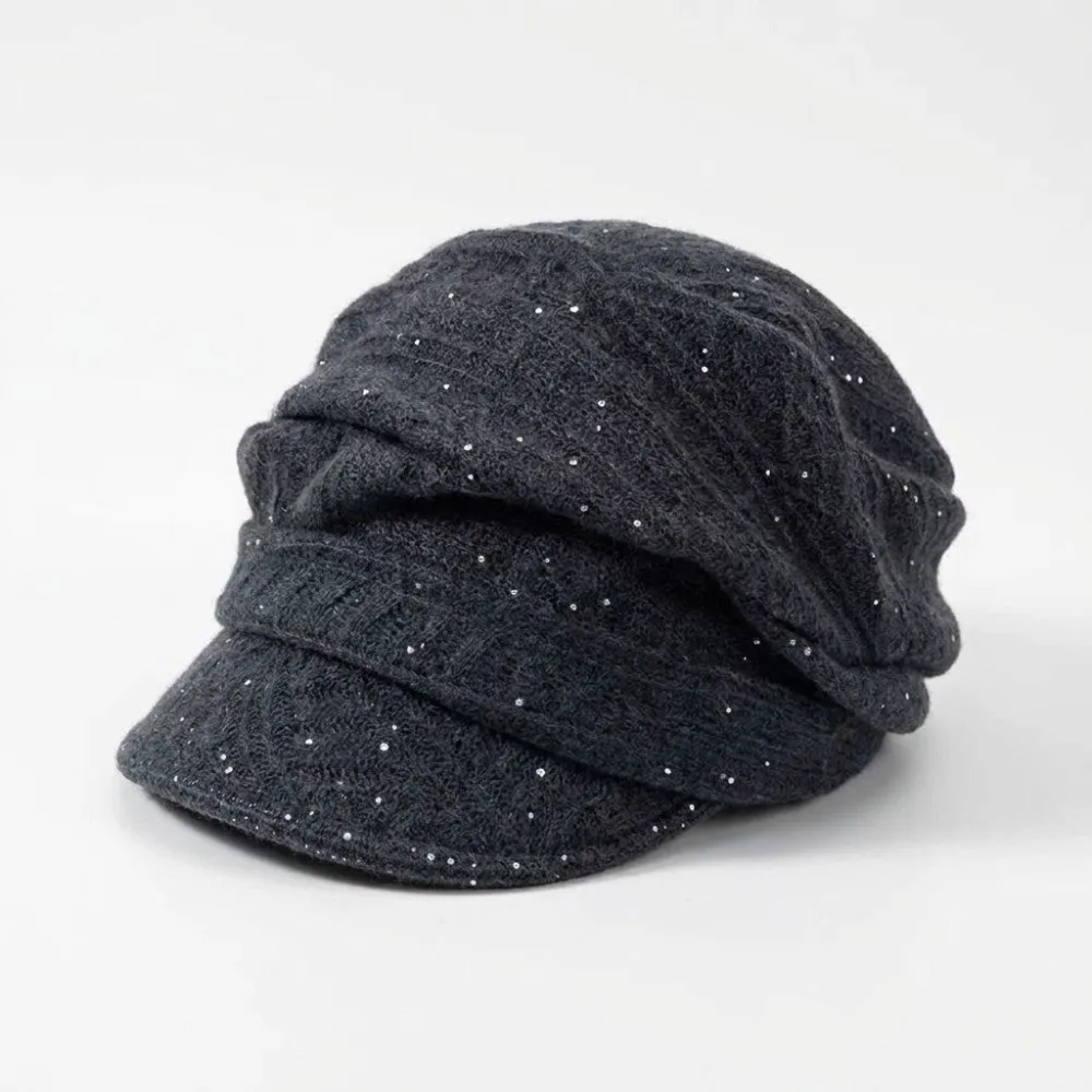 Elegant Soft Newsboy Beret Hat Breathable Foldable Visor Hat Shimmer Dots Decor Stretchy Knit Beanie Women