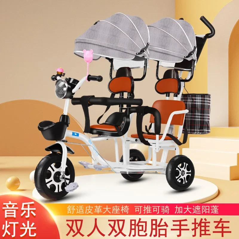 Baby Twin Tricycle Stroller 3 Wheels Double Stroller for Kids Twins Guardrail Seat Baby Toddler Bicycle Car Tricycle Child Pram