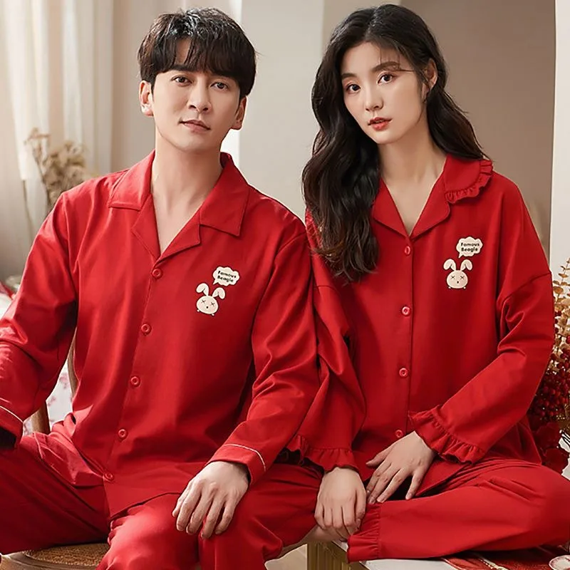 2023 Autumn and Winter New Couple Pajamas Red Wedding Suit Loose Comfortable Homewear Casual Breathable Long Sleeves