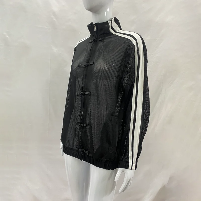 Damen-Mesh-Sweatshirt-Jacke mit Reißverschluss, Stehkragen, Kontraststreifen, Langen Ärmeln, Froschknöpfen, Lockerer Passform, Y2K-Streetwear – Detail 20