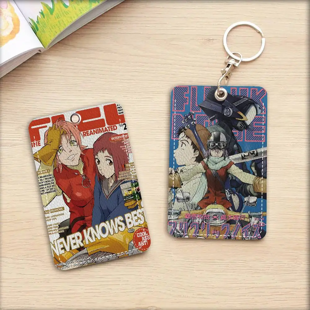 Anime F-Flcl 1Pc PU Leather Card Holder Keychain Key Ring Door Lock Access Tags ID Card Case Keychain Card