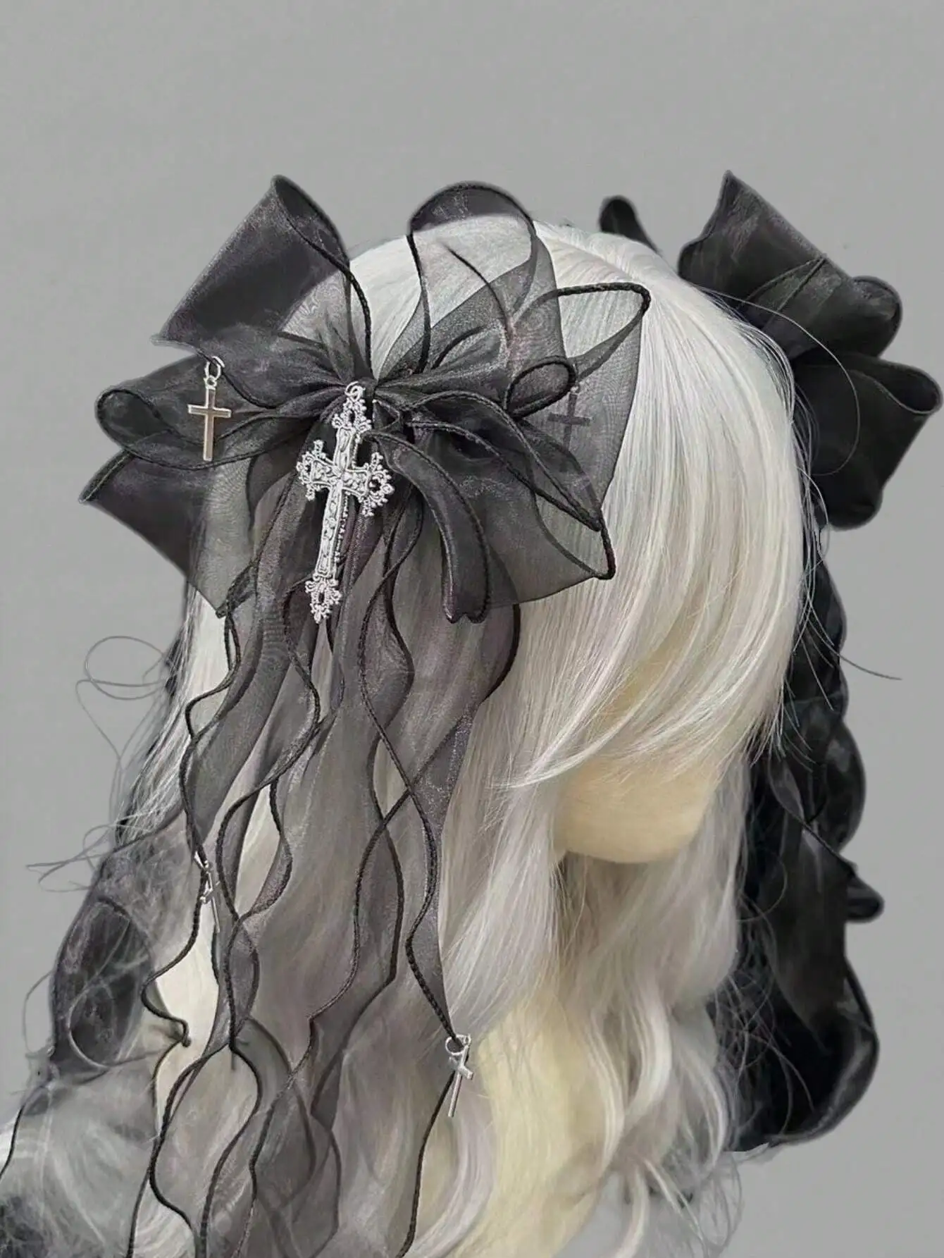 

Lolita Gothic Hair Clip Rhinestone Cross Pendant Black Organza Bow Tassel Hair Barrette Dark Punk Cosplay Hair Accessories