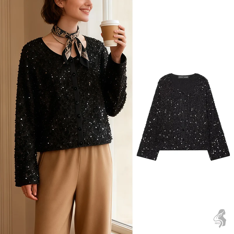 

Women's Black Sequin Cropped Cardigan, Sparkly Button-Front Jacket, Glamorous Evening Outerwear for Party & Cocktail Events
