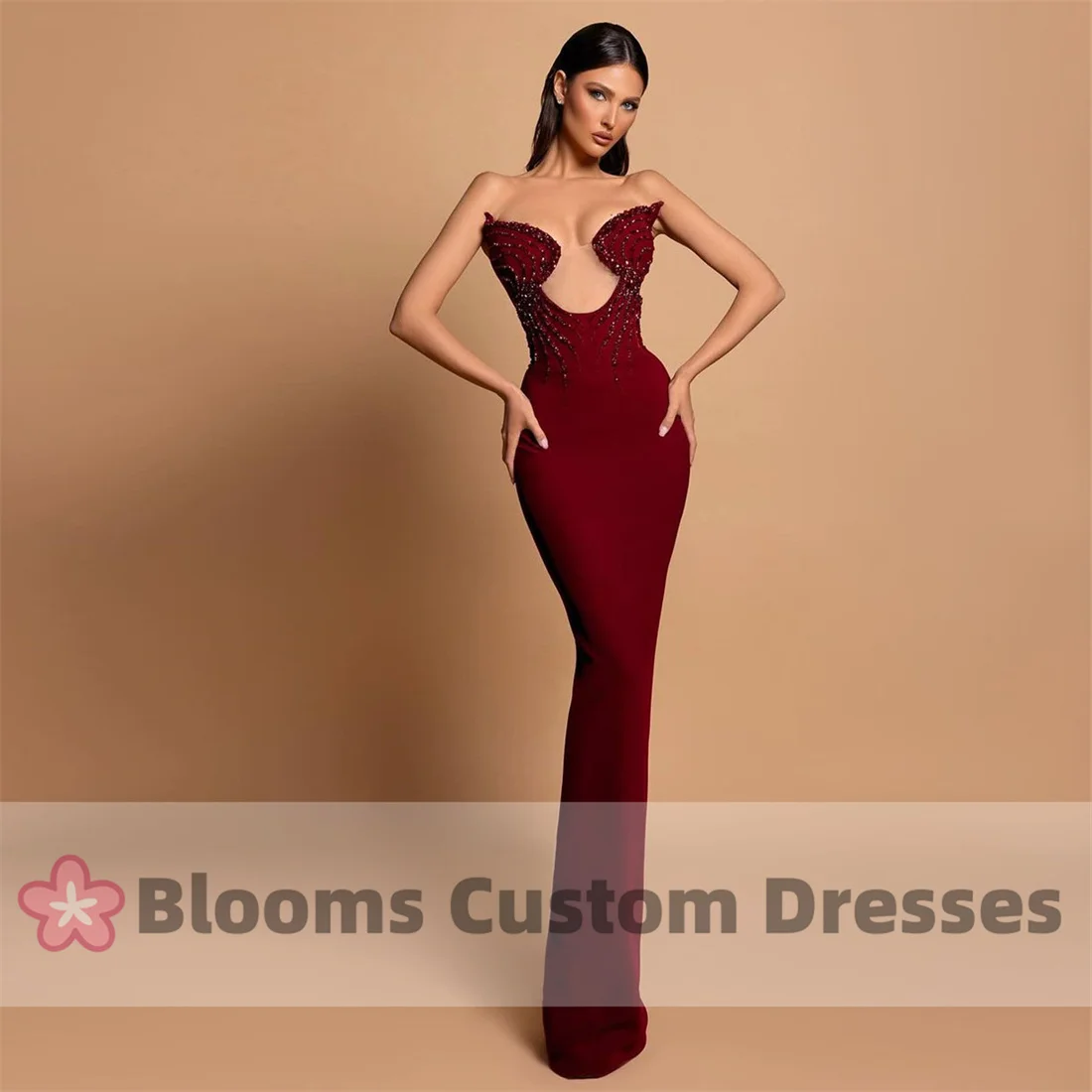 

Blooms Burgundy Beads Sequins Luxury Evening Dresses Sheath Sleeveless Crepe Formal Occasion Gown Backless Custom Party Dress