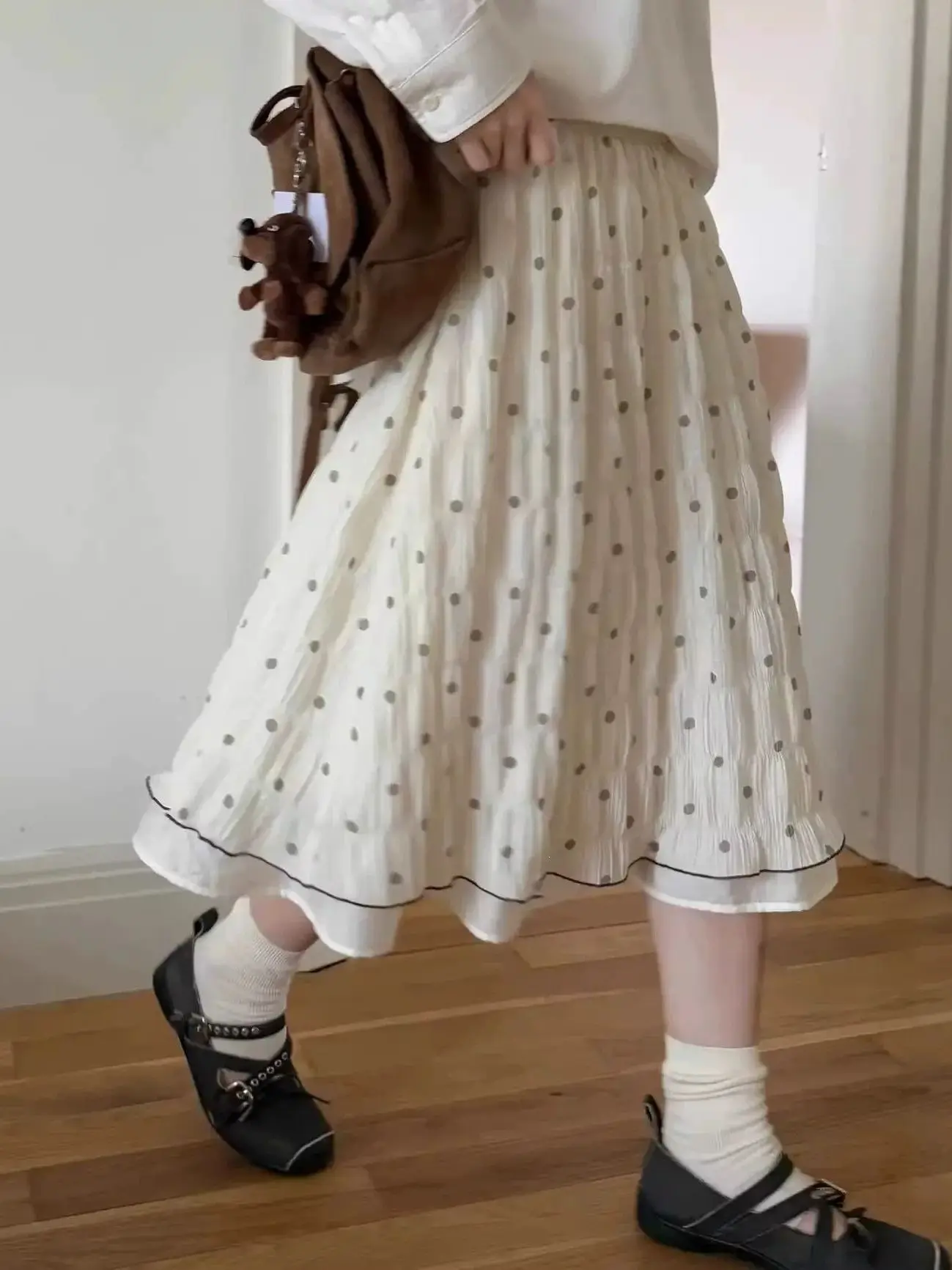 Gentle Wind Grey Polka Dot Pleated Half Skirt Women's Zipper Waist Conceal Meat Mid-Length A-Line Umbrella Skirt