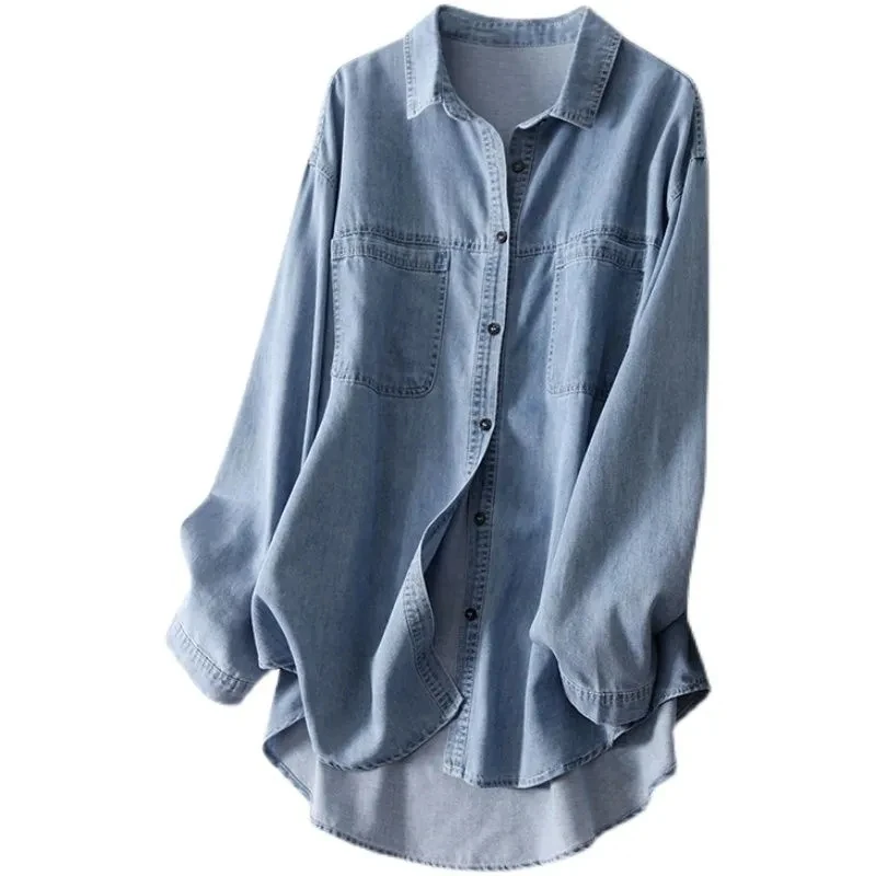 

Джинсовая хлопковая женская блузка с отложным воротником, на одной пуговице, с длинным рукавом, в корейском винтажном стиле, свободного кроя, YY120