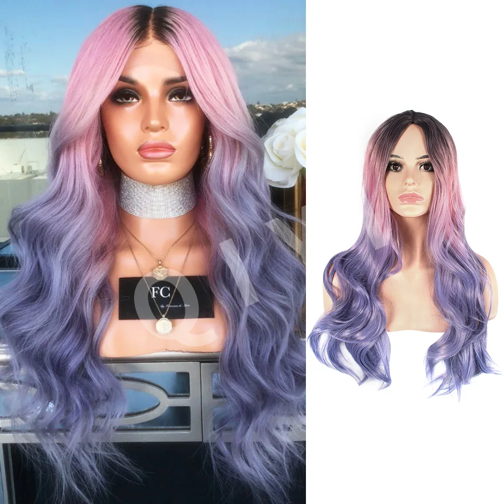 COS animation color wig medium divided into long rolls, two-color bleaching purple European and American