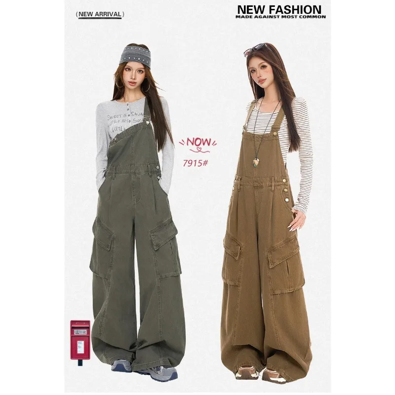 Vintage Women Denim Bib Overalls Summer High Waist Multi Pocket Baggy Wide Leg Cargo Jumpsuit Y2K