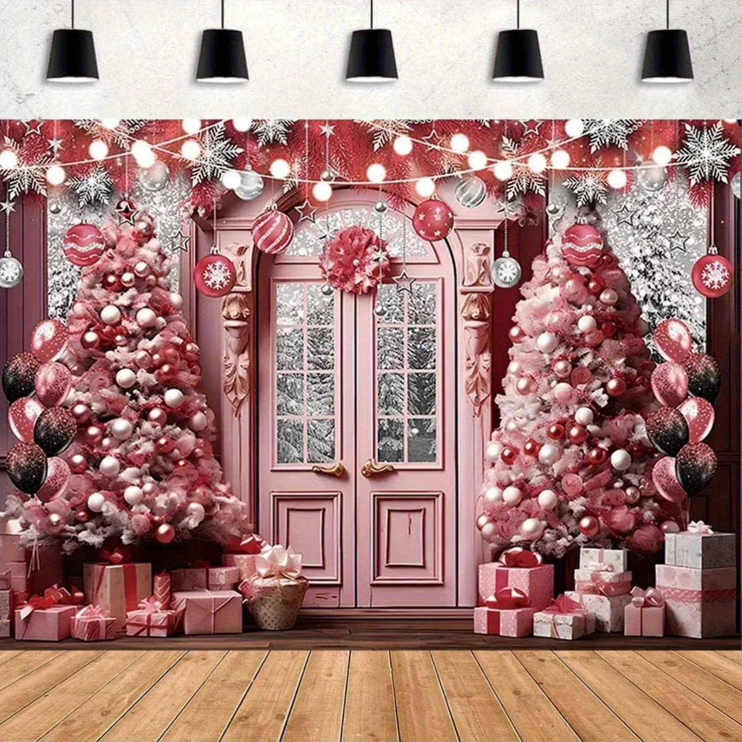 Le miracle d'hiver de Noël : une scène de Noël enneigée avec des arbres roses, des cadeaux et des cordes lumineuses, en polyester