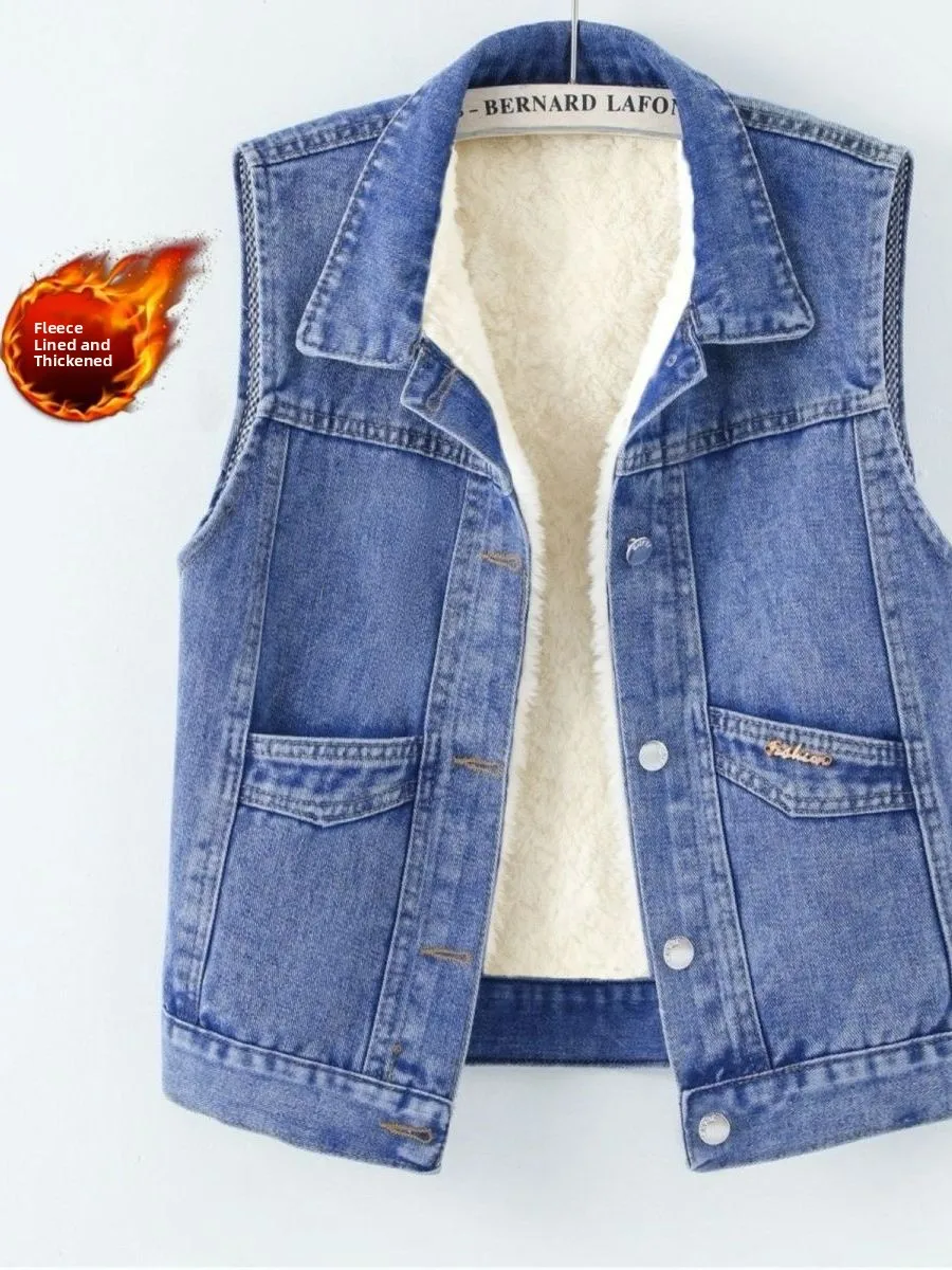 Fashionable Short Embroidered Denim Vest Women's Spring Autumn Winter Large Size Fleece Lined Warm Shoulder Coat Casual Outer...