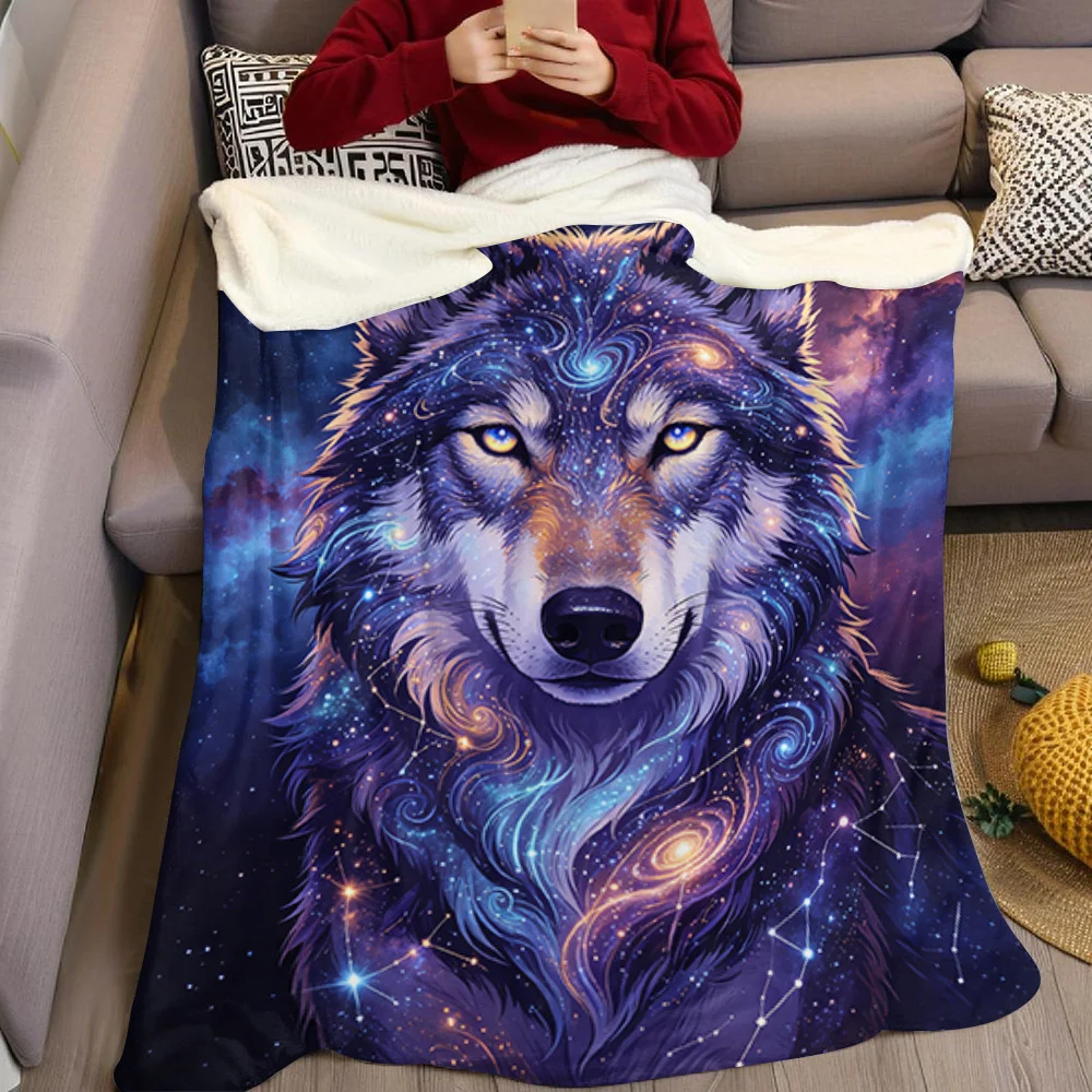 Galaxy Wolf Starry Night Flannel Blanket Warm Soft Halloween Christmas All-Season Couch Decorative Cozy Warm Gift