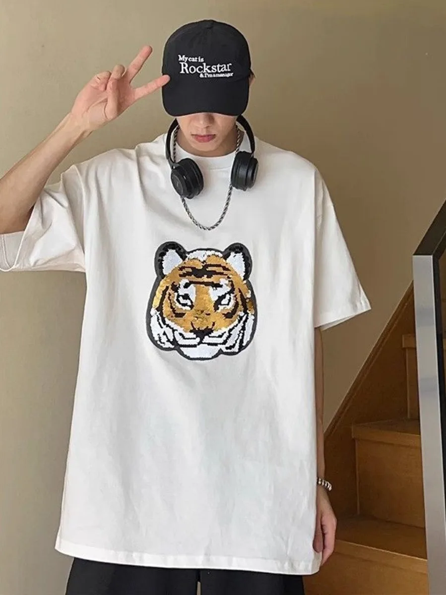 Personalized Tiger Panda Face Changing Sequin Embroidery Men Women Short Sleeve Summer Hip Hop T-shirt Loose Cotton T-shirt