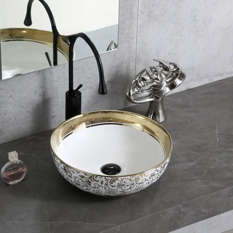 

Graceful Round Golden Electroplate Ceramic Art Basin Modern Design Porcelain Countertop Ceramic Bathroom Art Basin