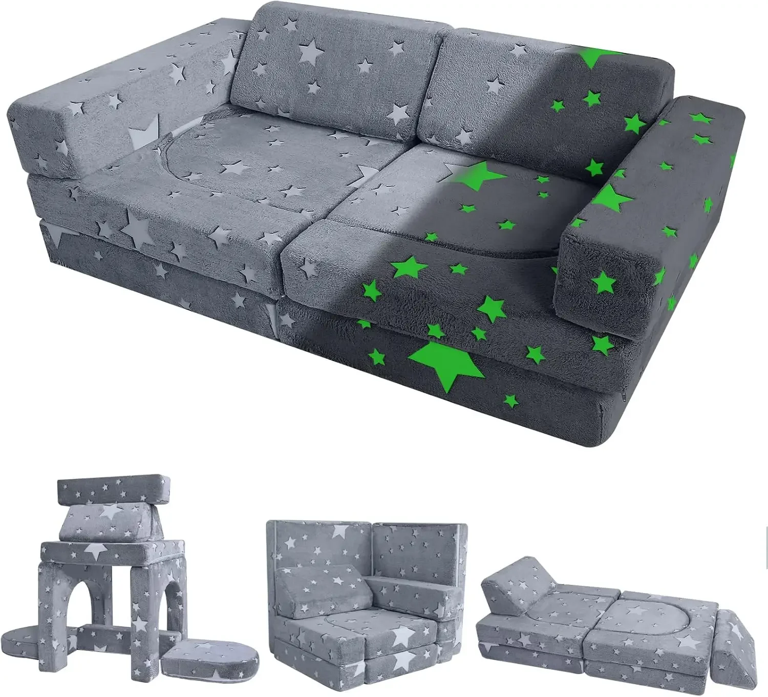 Kids Couch, 10-Piece Modular Play Couch for Playroom, Fold Out Kids Sofa for Girl Boy, Glow Star