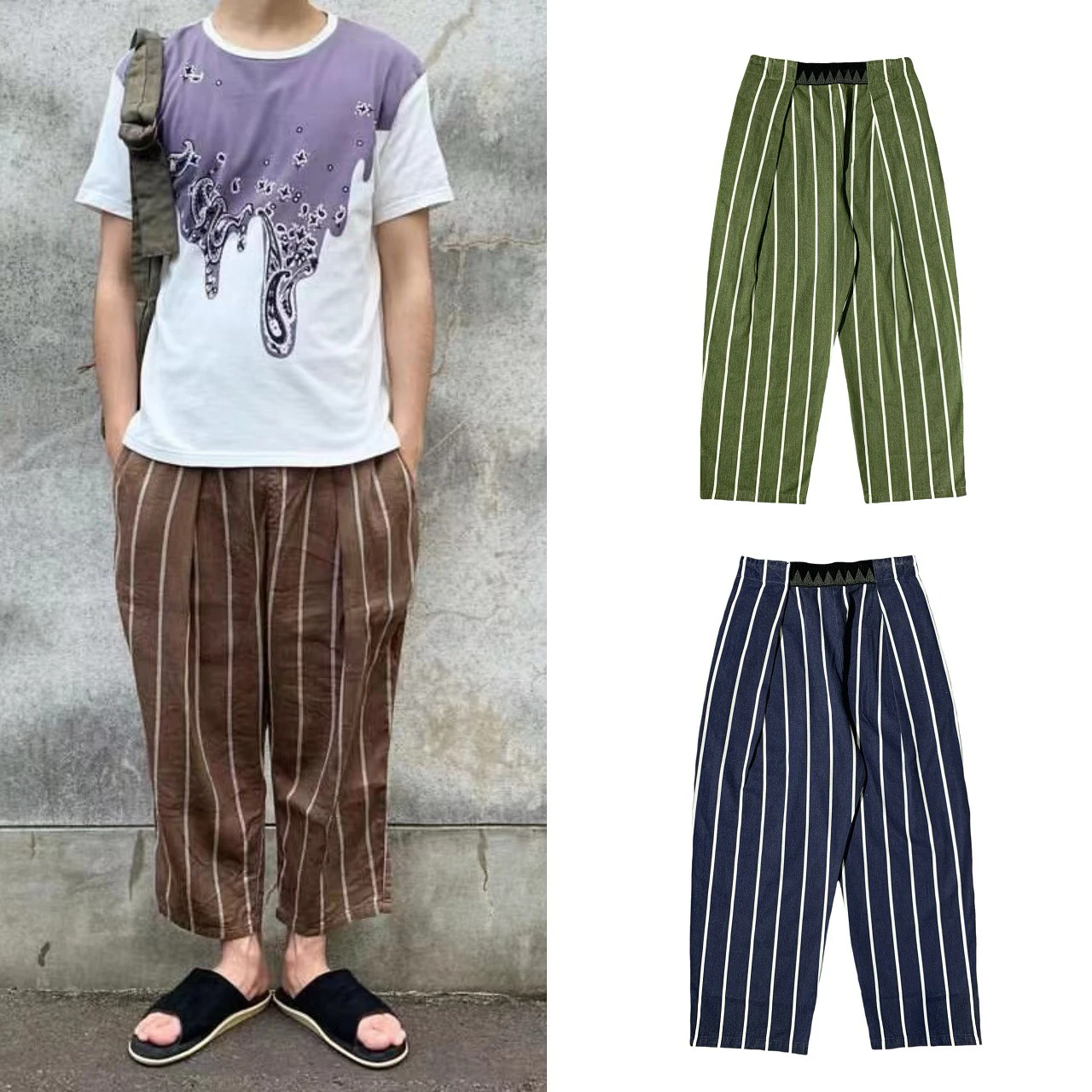 

Firmranch New Spring Summer Hirata Japanese Vintage Loose Wide-leg Striped Ninth Pants For Men Women Elastic Waist Harem Trouser