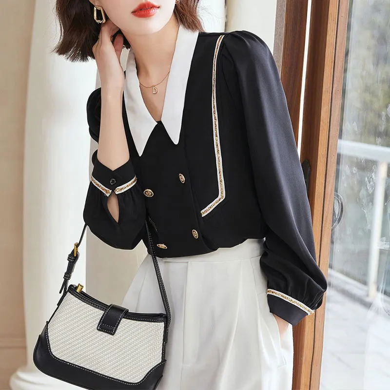 Preppy Style Solid Color Chic Button Blouse All-match Stylish Bright Line Decoration Female Spring Autumn Peter Pan Collar Shirt