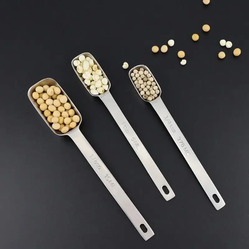 1Pc 304 Stainless Steel Rectangular Kitchen Measuring Spoons With Scale For Coffee Graduated Spoon Powder Coffeeware