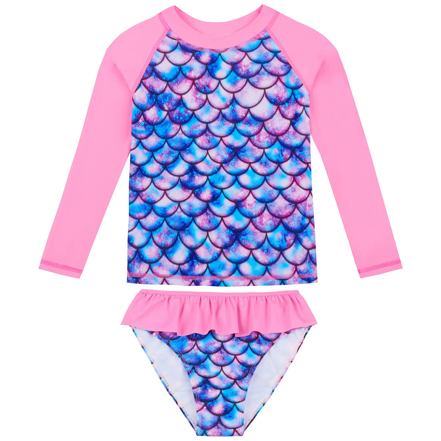 2024 Summer Children Long Sleeves Split Swimsuit Set Girls Mermaid 3D Print Fish Scales Bathing Suit+Bikini Two-piece Suit 3-9Y