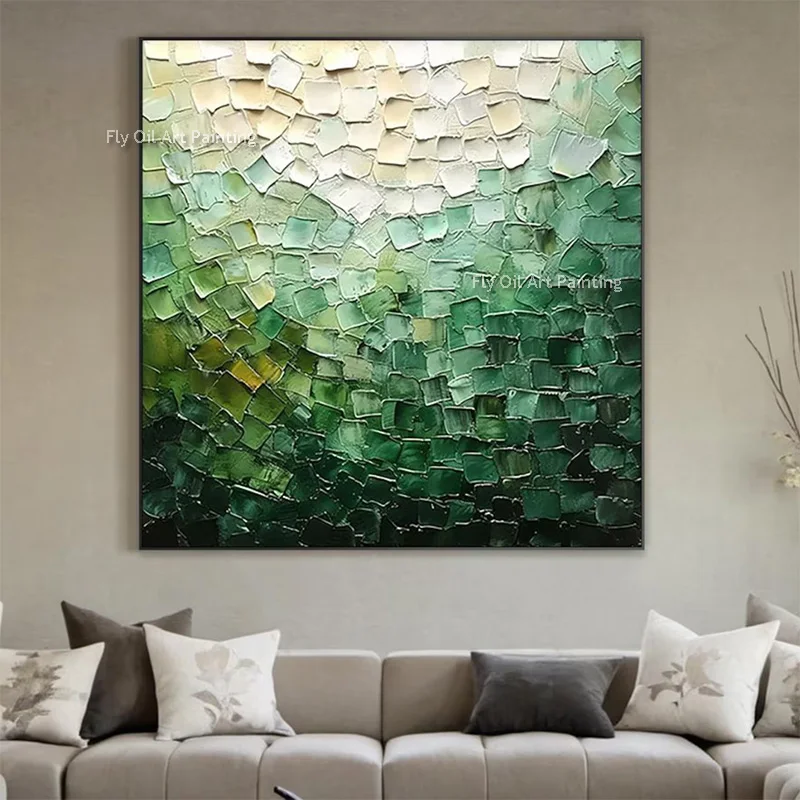 New Fashion Green White Knife Thick Canvas Oil Painting Large Hand Drawn Grass Yellow Green Blocks Wall Art Decor For Room As Gi