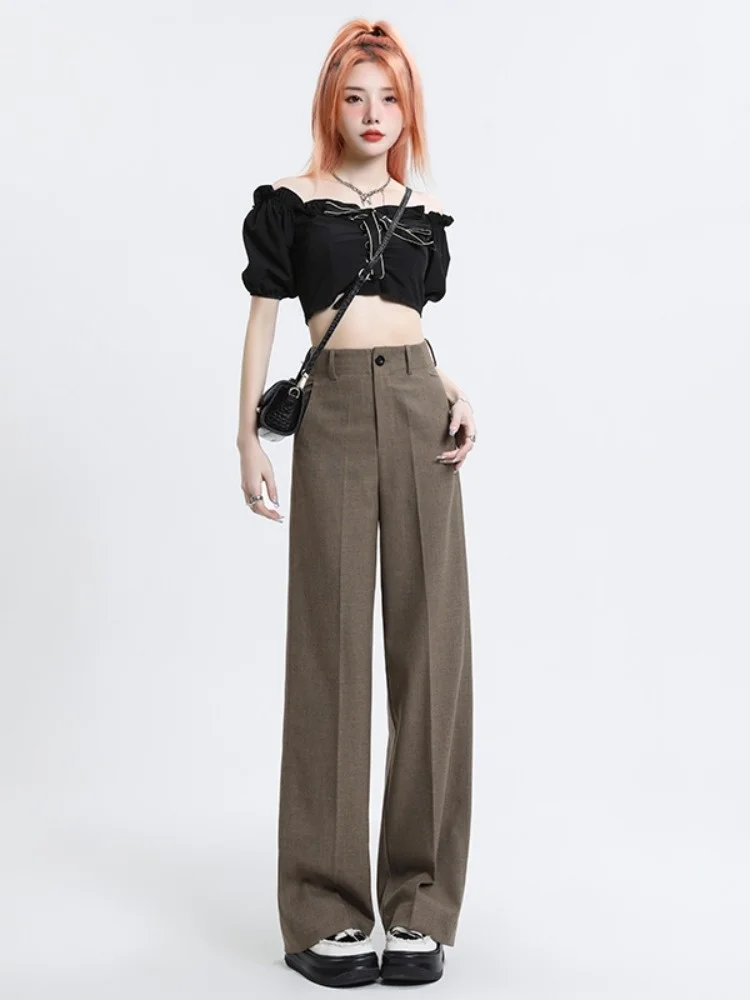 

Khaki High Waist Wide Leg Pants Women's Quality Cotton Hemp Suit Pants High Grade Draping Temperament Slim Casual Pants