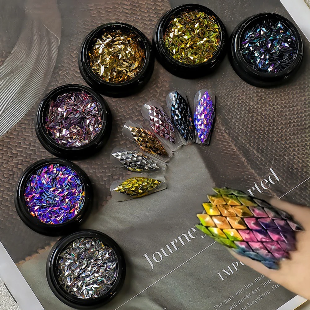 เกล็ดเล็บเลเซอร์รูปทรงข้าวหลามตัด 6 สี กลิตเตอร์ 3 มิติ ลายเกล็ดมังกร ออโรร่า ประกายโฮโลแกรม ตกแต่งเล็บแบบกระจก