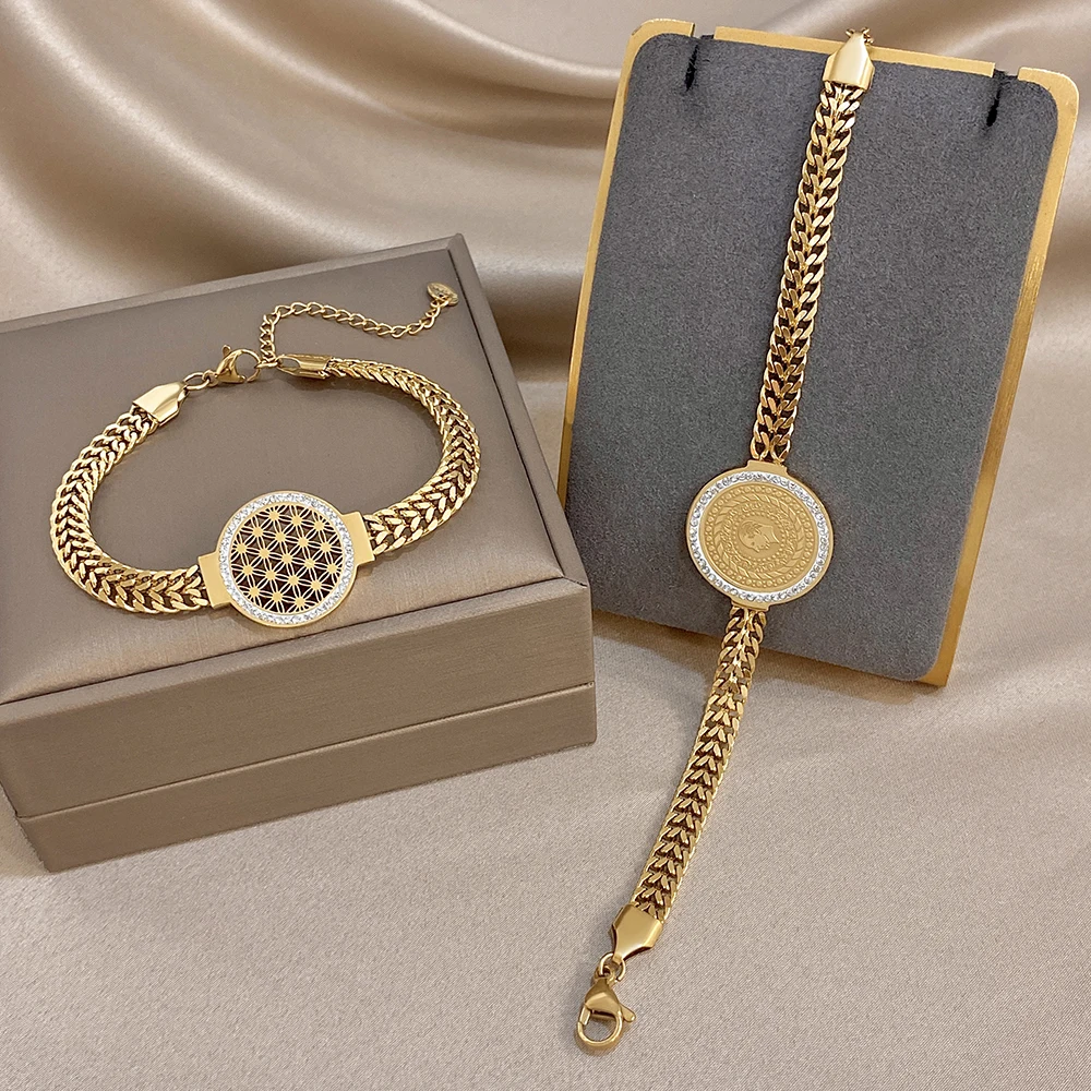 DODOHAO Retro Gold Color Stainless Steel Braided Chain Bracelets for Women Punk Inlaid Zircon Statue Round Charm Bangle Jewelry