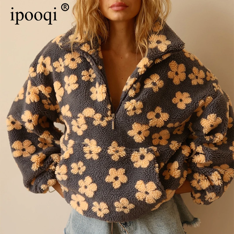 

ipooqi Women Floral Print Sherpa Fleece Jacket Autumn Winter Oversized Half Zip Sweatshirt Casual Stand Collar Fuzzy Pullover