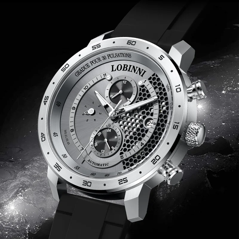 LOBINNI 16063 ساعة ميكانيكية أوتوماتيكية للرجال 42 مللي متر 50 متر مقاوم للماء الياقوت والكريستال والزجاج تاريخ اليوم وعرض الشهر حركة JHB10