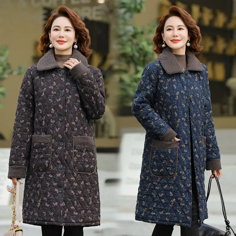 

Утепленное хлопковое пальто средней длины с цветочным принтом для женщин: модное повседневное зимнее пальто с длинными рукавами и воротником