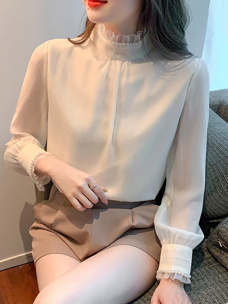 Beading Stand Collar Chiffon Blouse Shirt Long Sleeve Blouse Women Blusas Mujer De Moda 2024 Women Tops Blouses Femme Shirts E85