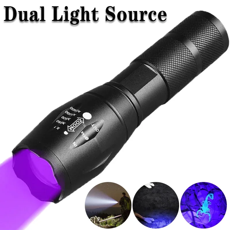 Purple White Dual Light Flashlight LED Ultraviolet Torch Zoom Retractable Flashlight Lamp Fluorescent Agent Detection Flashlight